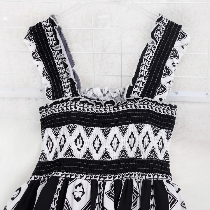 Dame Boho Maxikjole med flæse detaljer og geometrisk mønster Stilla