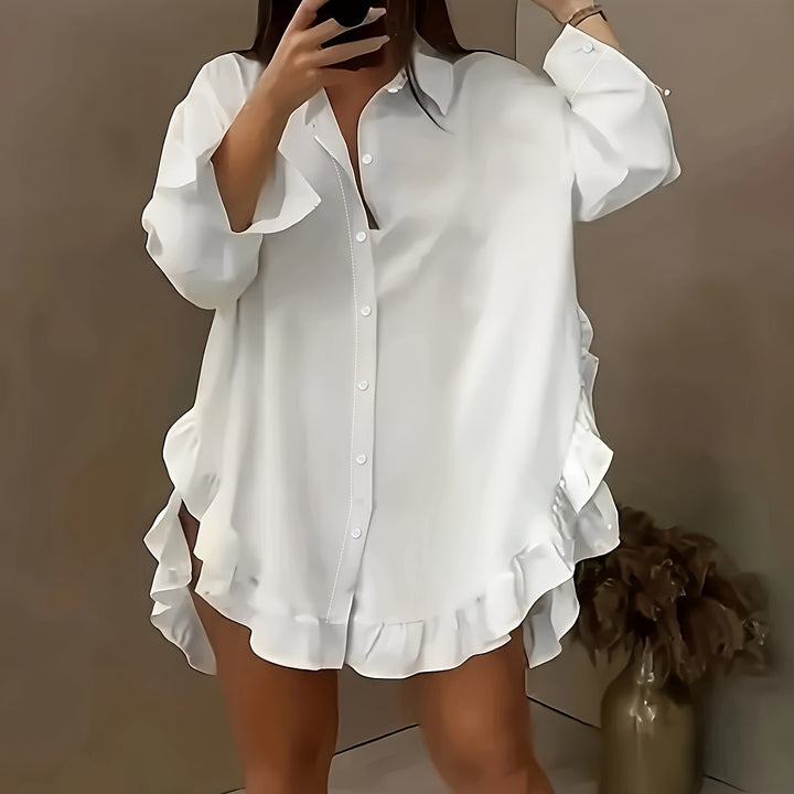 Damer Plus Size Skjortekjole med Flæse detaljer Stilla