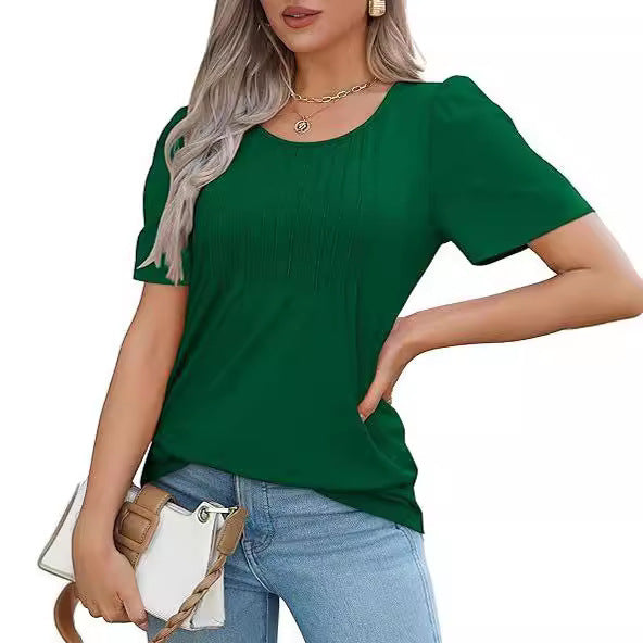 Dame T-shirt med feminin pufærmer og fine folder Stilla