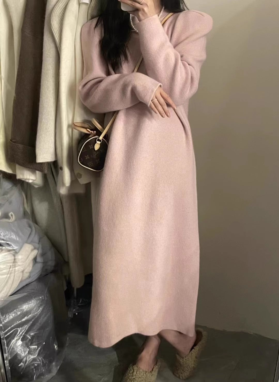Femme Elegante Lange Oversized Strikkjole med Puffærmer Stilla