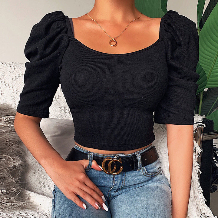 Damer Puffærmet Rib Crop Top Stilla