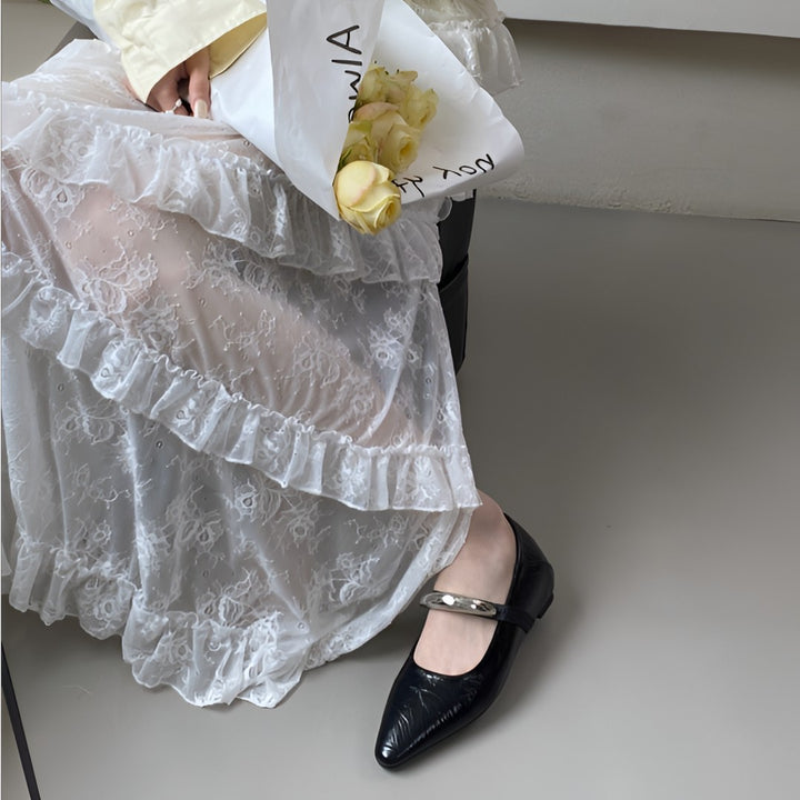 Dame spids-tå Mary Jane ballerinaer med stilfuld metallic rem Stilla