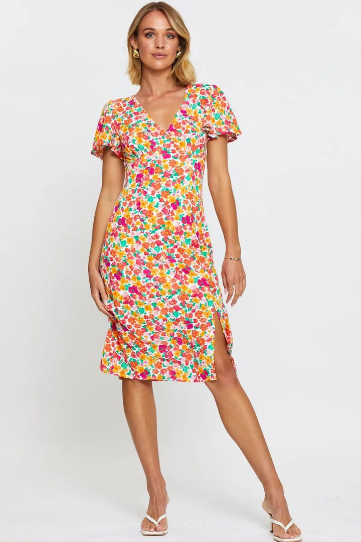 Dame floral print midi kjole med sideslitz og flæseærmer Stilla