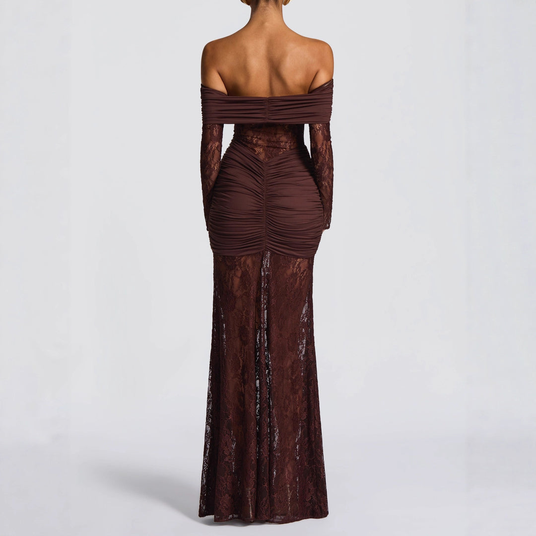 Damer Elegant Spids-Maxikjole med elegant Off-Shoulder Design og Rynker Skovae