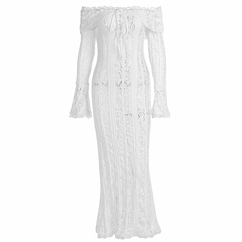 Damer Elegant Blondekjole i tætsiddende snit med Off-Shoulder Design Skovae