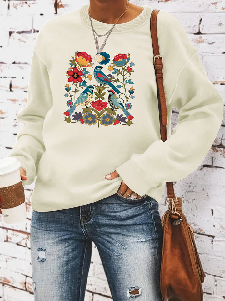 Kvinders sweatshirt med blomsterfuglemotiv og afslappet skæring Stilla