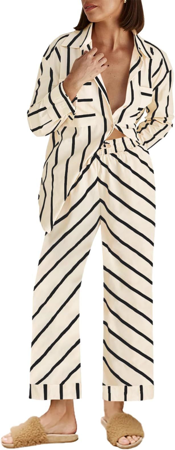 Dame stribet pyjamasæt med let løst fit og elastisk linning Stilla