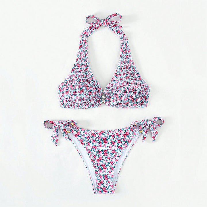 Dame triangel-bikini med farverigt blomsterprint og justerbare bindebånd Skovae