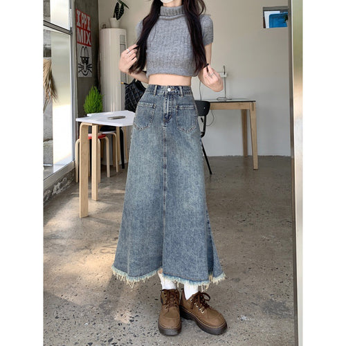 Kvindernes Lange Denim Nederdel med Flosset Kant Stilla