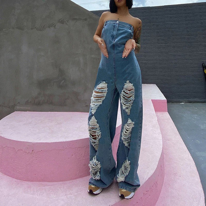 Femme Strapless Distressed Denim Overall Stilla