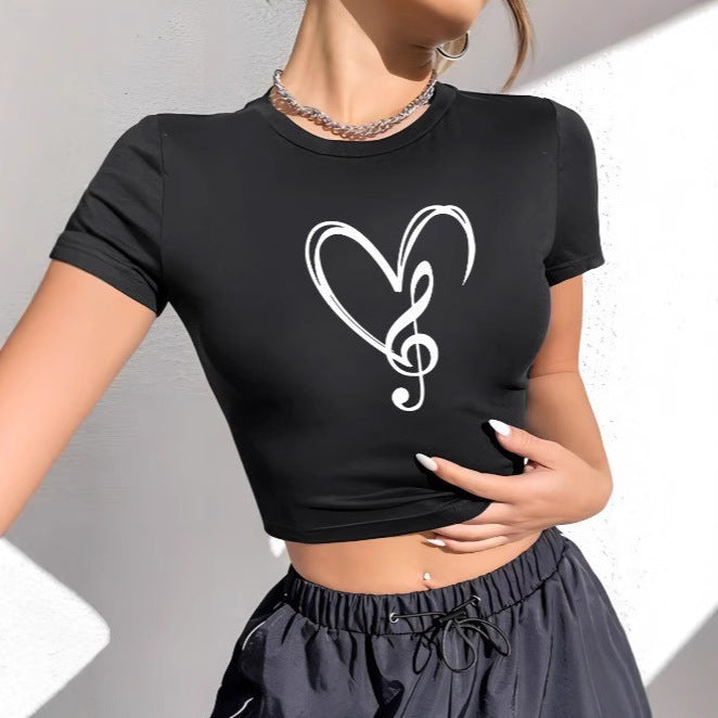 Dame Crop-T-shirt med kreativt tryk og figursyet snit Skovae