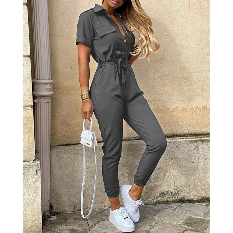 Dame elegant Utility-jumpsuit med knaplukning og taljerbar bindebælte Stilla