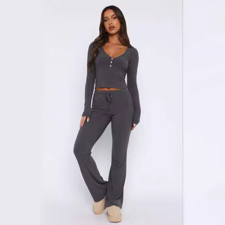 Dame Casual Lounge-Sæt med fint materiale og knapbar top Skovae