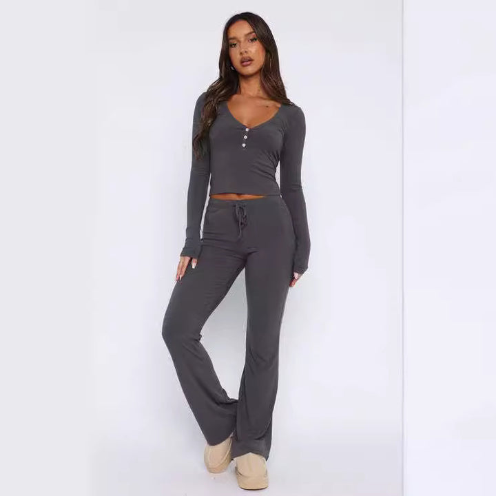 Dame Casual Lounge-Sæt med fint materiale og knapbar top Skovae