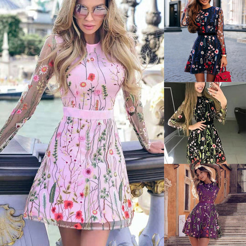 Dame Elegant blomstertkjole med transparente ærmer og florale broderier Stilla