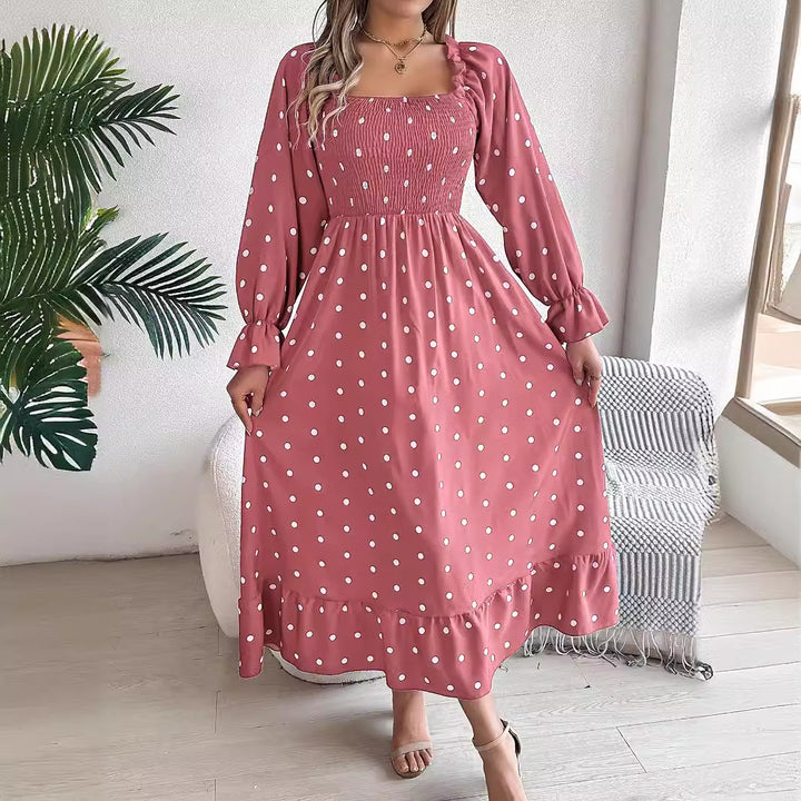 Dame Langærmet Midikjole med Polka-Dots og Flæsekant Stilla