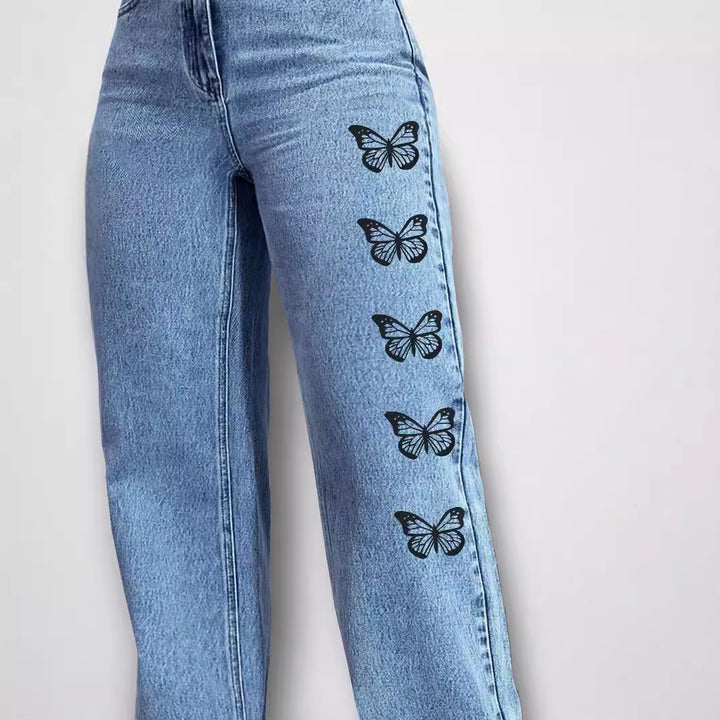 Dame bred denim-bukser med legende sommerfuglemotiver Stilla