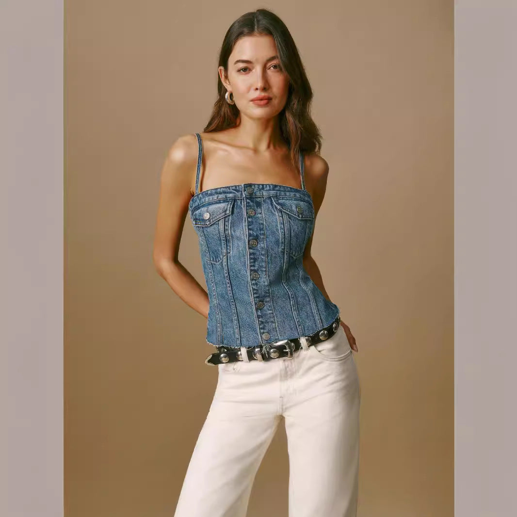 Femme Struktureret Denim Korset Top Stilla
