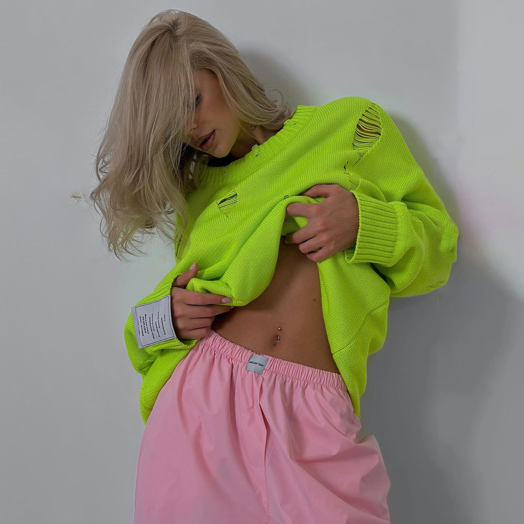 Kvinders chunky strik oversized sweater med slidte detaljer Stilla