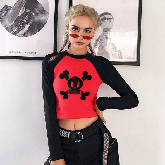Damer trendy raglan-crop-top med dødningehoved-print Skovae