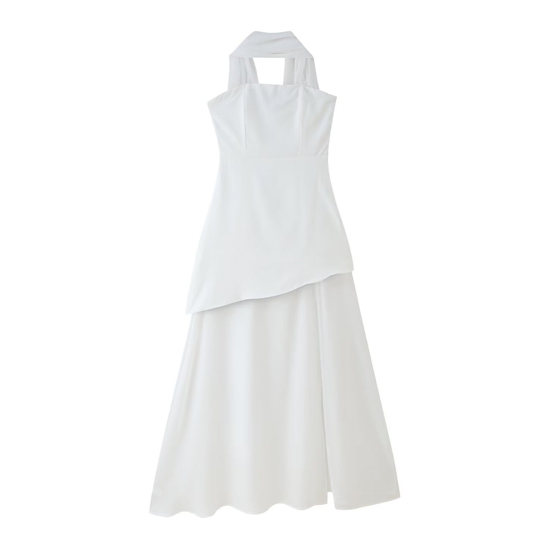Femme Elegantes Halterneck Maxi Kjole med Draperet Asymmetrisk Kant Stilla