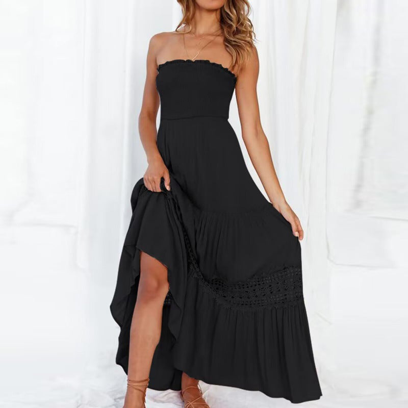 Dame strapless maxikjole med elegant blondedekor Stilla