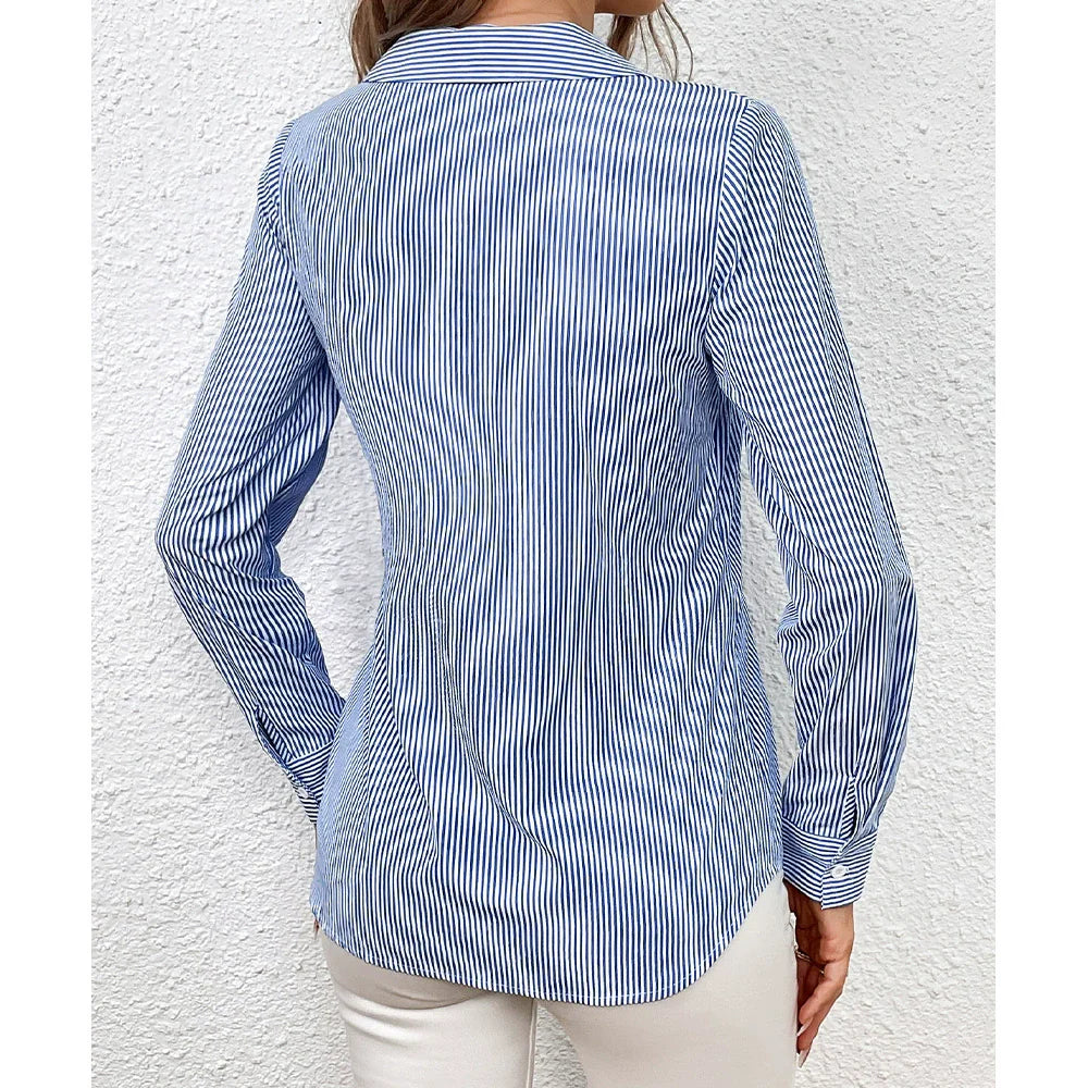 Stilla | Skjorte Slim Fit Wrap Stil Vertikale Striber Talje Snøring Lange Ærmer