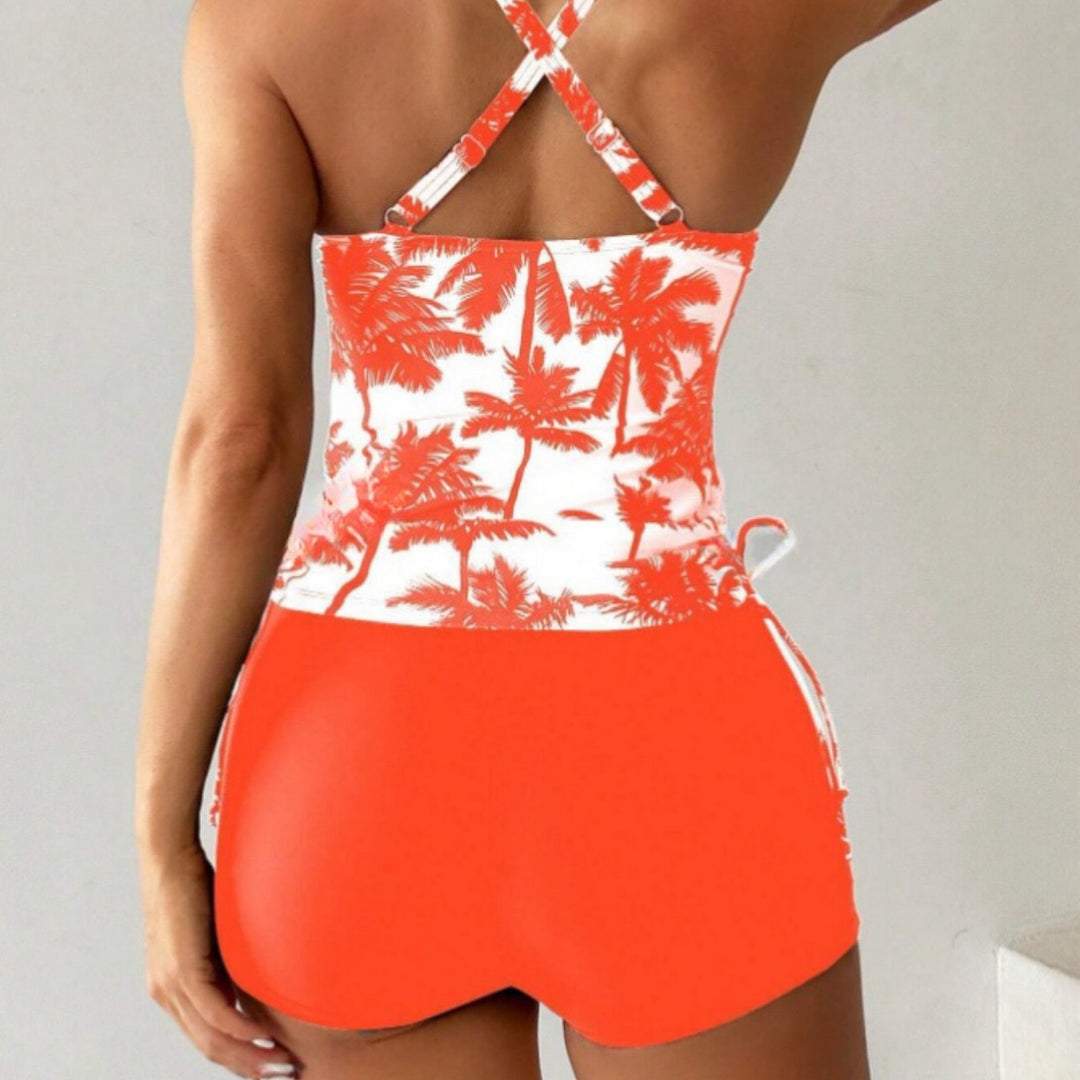 Dame Sporty Tankini med moderne palmeprint og fleksible shorts Stilla
