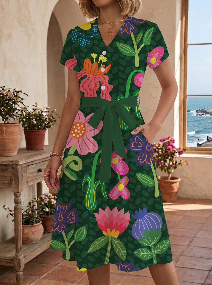 Dame midi kjole med blomsterprint og talje bælte Skovae
