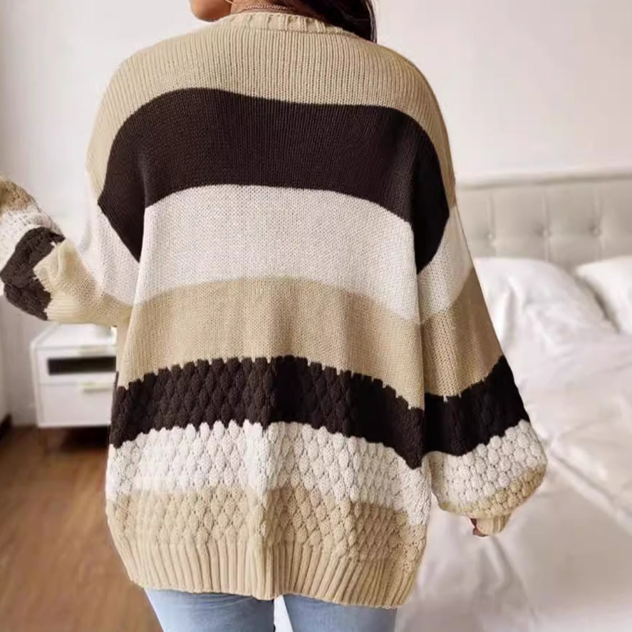 Dame afslappet strik cardigan med geometrisk mønster Stilla