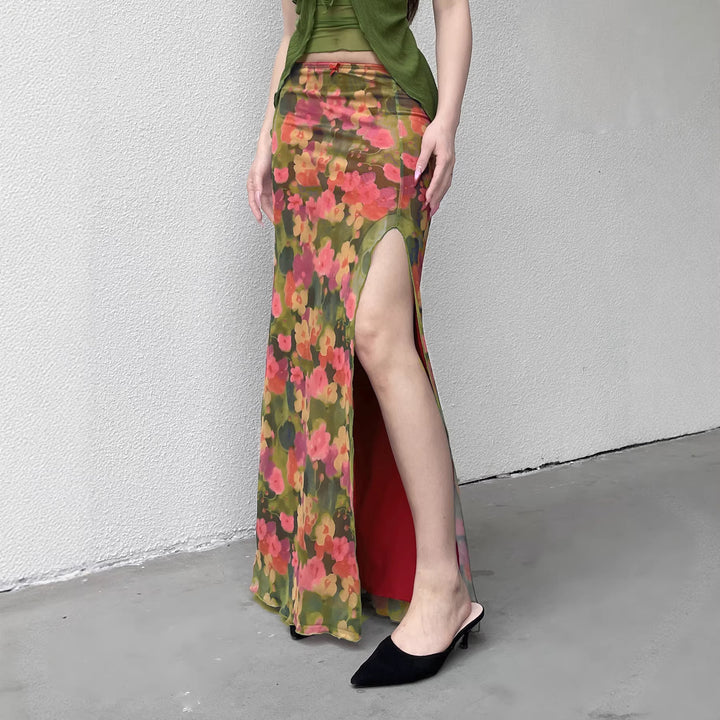 Dame Maxi-nederdel med blomster Chiffon-design og sidelæg Skovae
