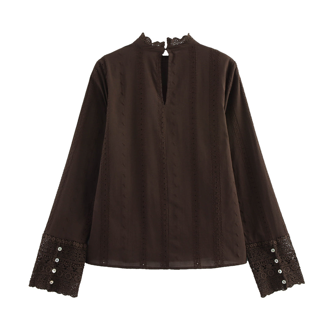 Dame Elegant Højkravebluse med broderede manchetter Stilla