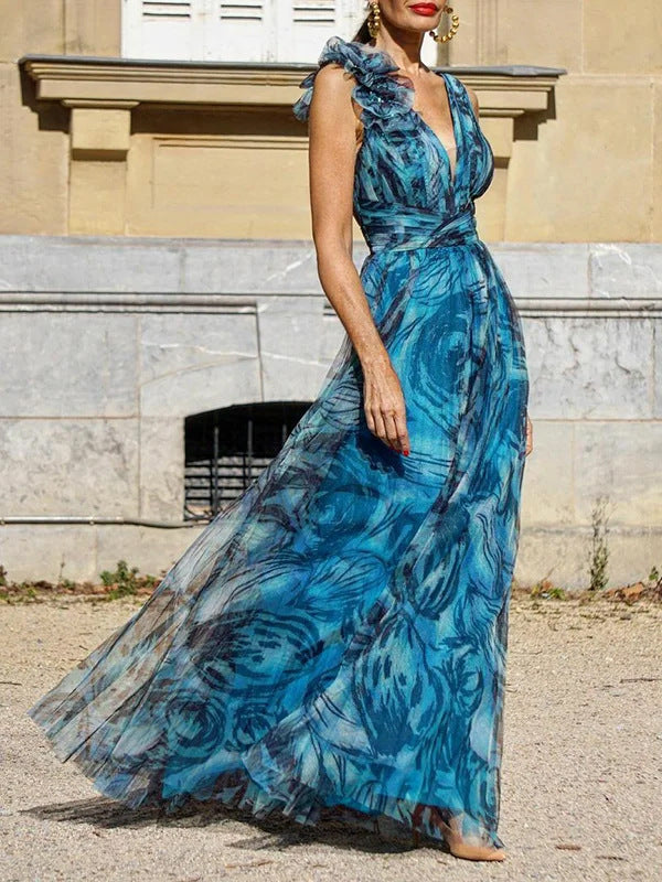 Dame maxikjole med blomstret chiffon og voluminøse flæser Stilla