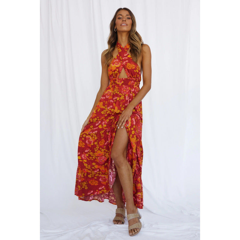 Dame Floral Halter Maxi Kjole med Høj Slids Stilla