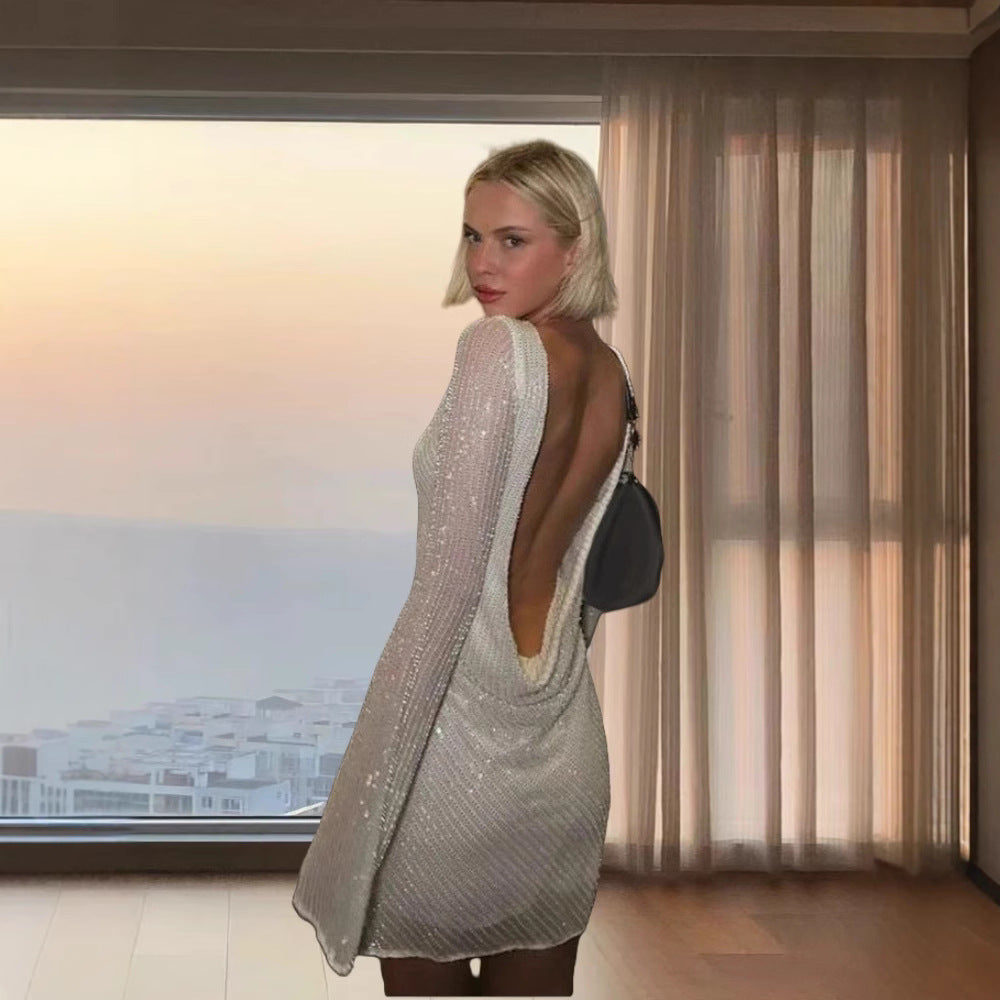 Dame Glitrende Mini-kjole med elegante ærmer og funkende palietter Stilla