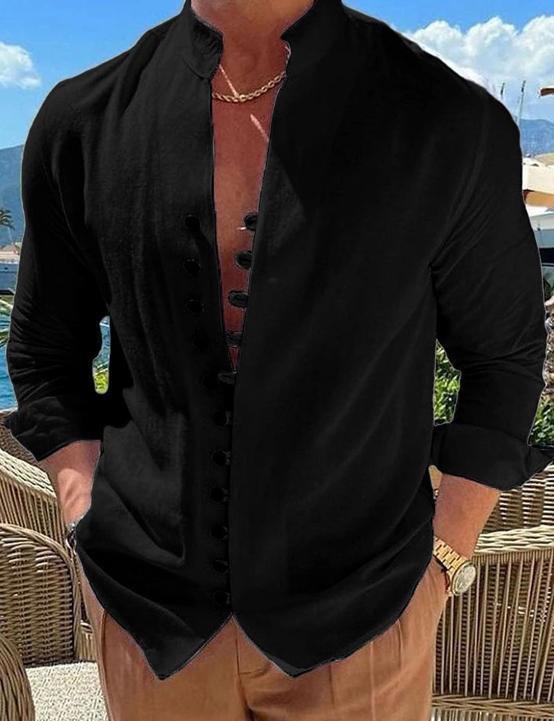 Herrer Mode Leinenbluse med Henley-krave og knapdetalje Stilla