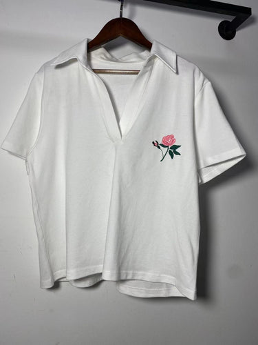 Dame polo T-shirt med blomster broderi Stilla