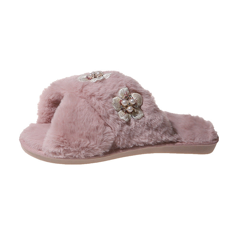 Dame Fluffy Pantoletten med sarte Blomsterapplikationer og behagelig Fodbed Stilla