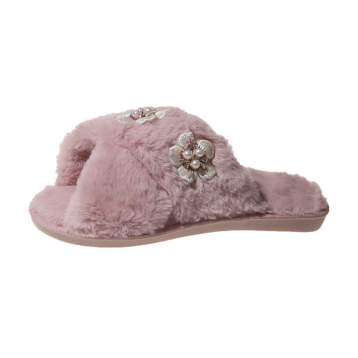 Dame Fluffy Pantoletten med sarte Blomsterapplikationer og behagelig Fodbed Stilla