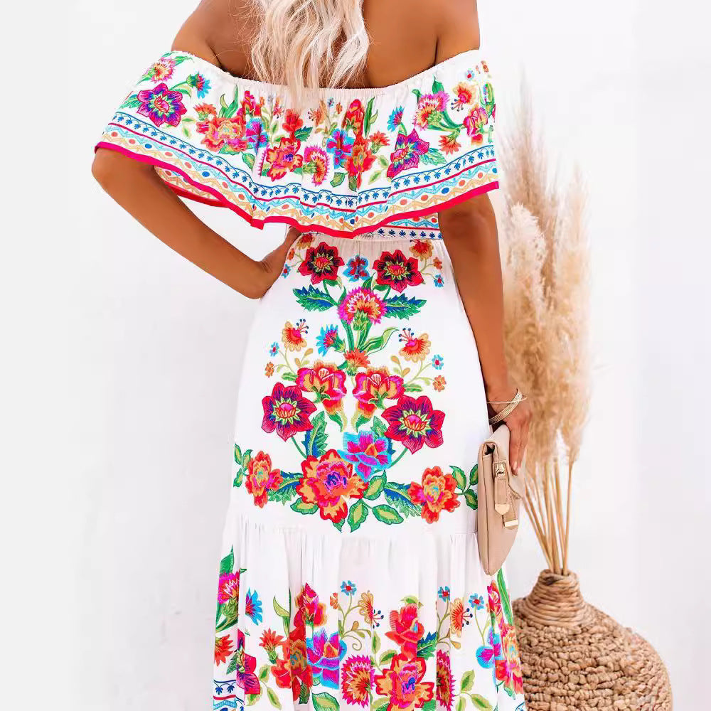 Dame Off-Shoulder Maxikjole med blomster mønstre og elastisk taljebælte Stilla