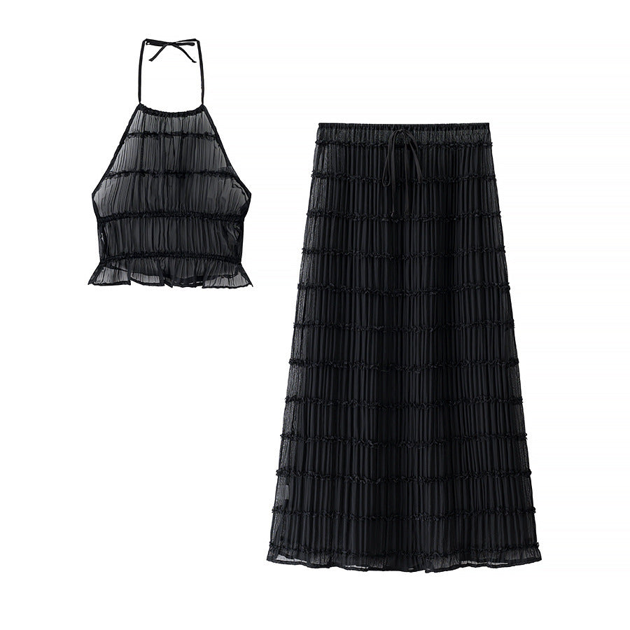 Dame Smocked Halterneck-top og Maxiskørt Sæt Stilla