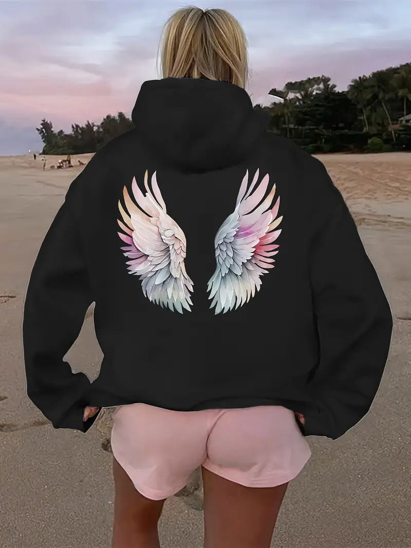 Dame hoodie sweatshirt med fantasifuld vingemotiv Skovae