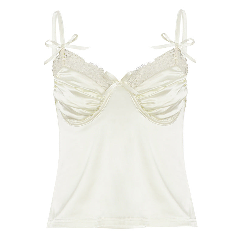Dame Satin-Camisole med blonder og legende sløjfer Skovae