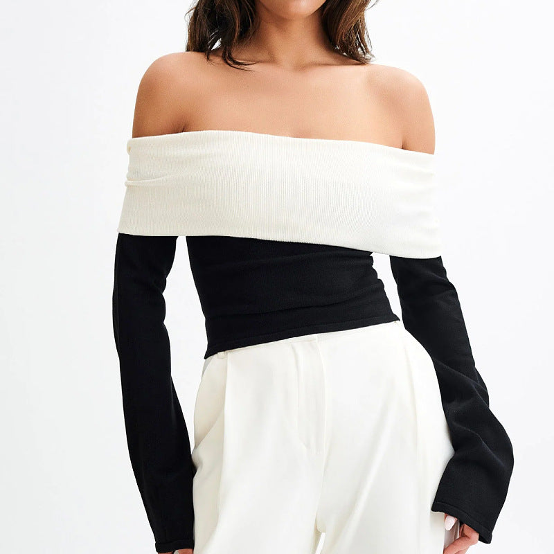 Dame Off-Shoulder Overdel med Kontrastærmer Stilla