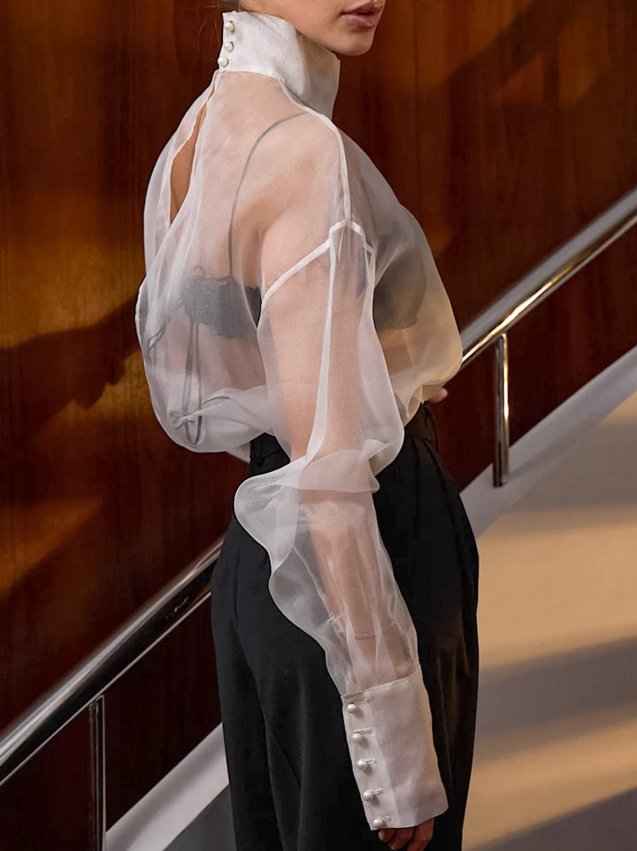 Dame Gennemsigtig Bluse med Puffærmer og elegant Ståkrave Stilla