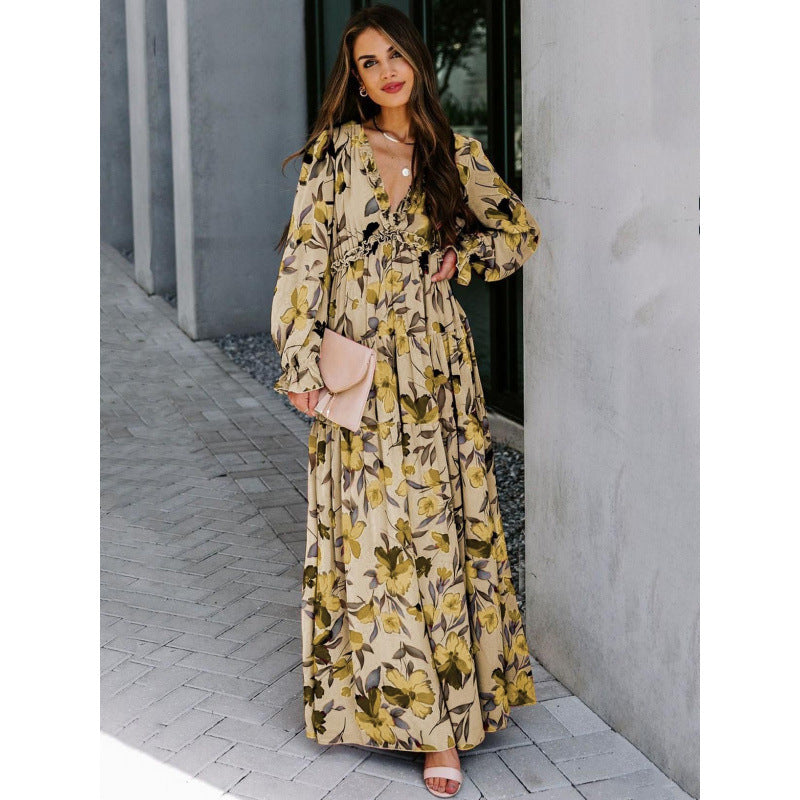 Femme Floral Maxi Kjole med Ruffle ærmer og dyb V-nakke Stilla