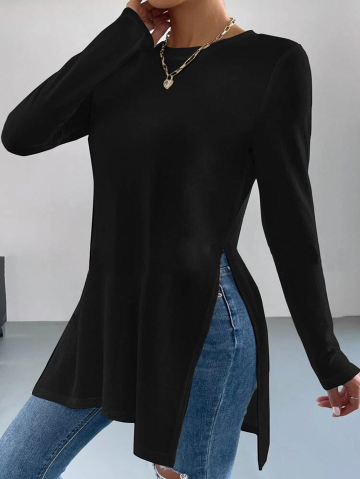Dame fashion langærmet tunika top med sidelængder og rund pas Stilla