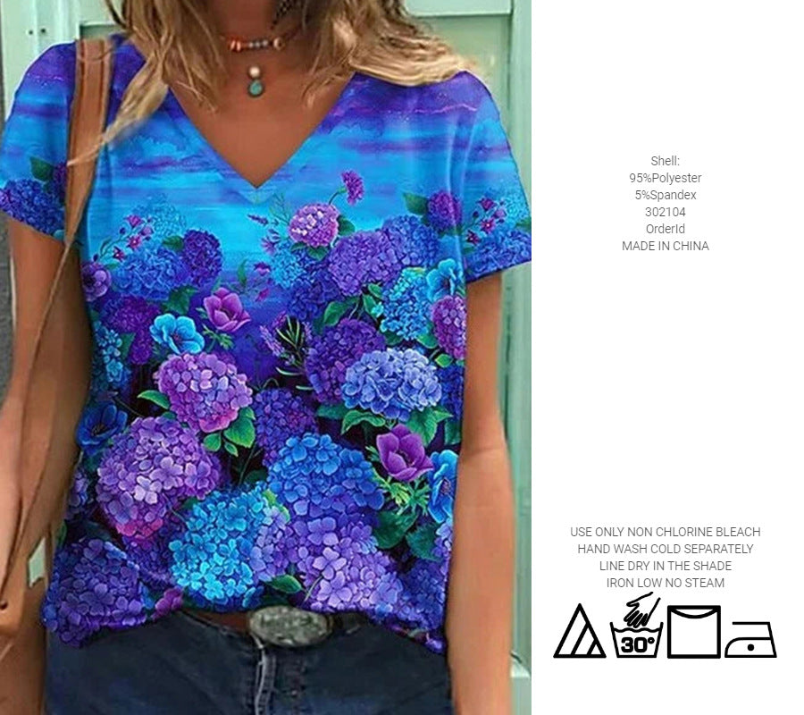 Dame Vibrerende Blomsterdesign V-Udskæring Top Stilla