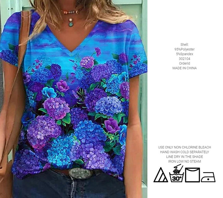 Dame Vibrerende Blomsterdesign V-Udskæring Top Stilla