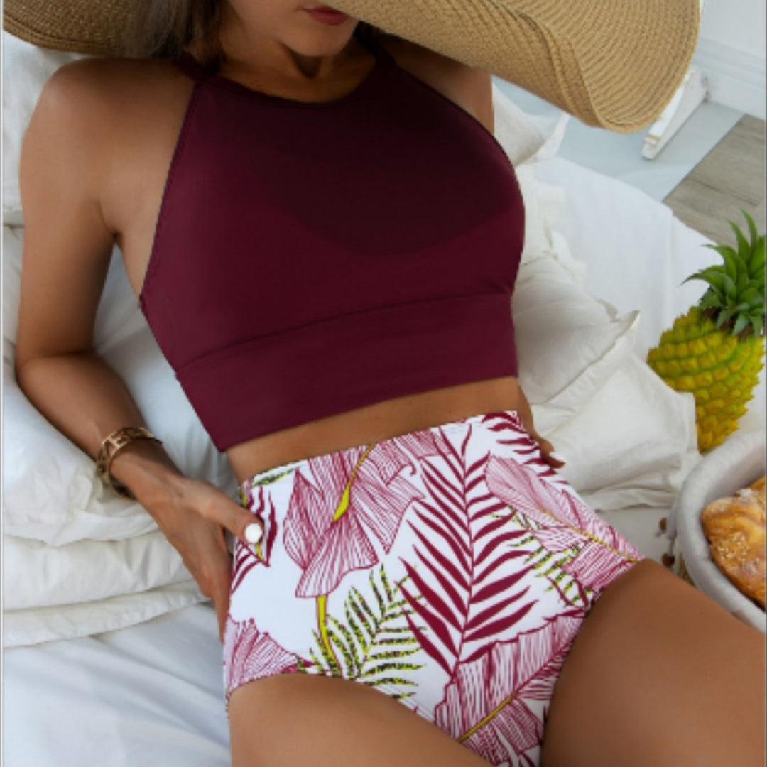 Dame Højskåret Bikini med sporty top og blomsterdesign Stilla